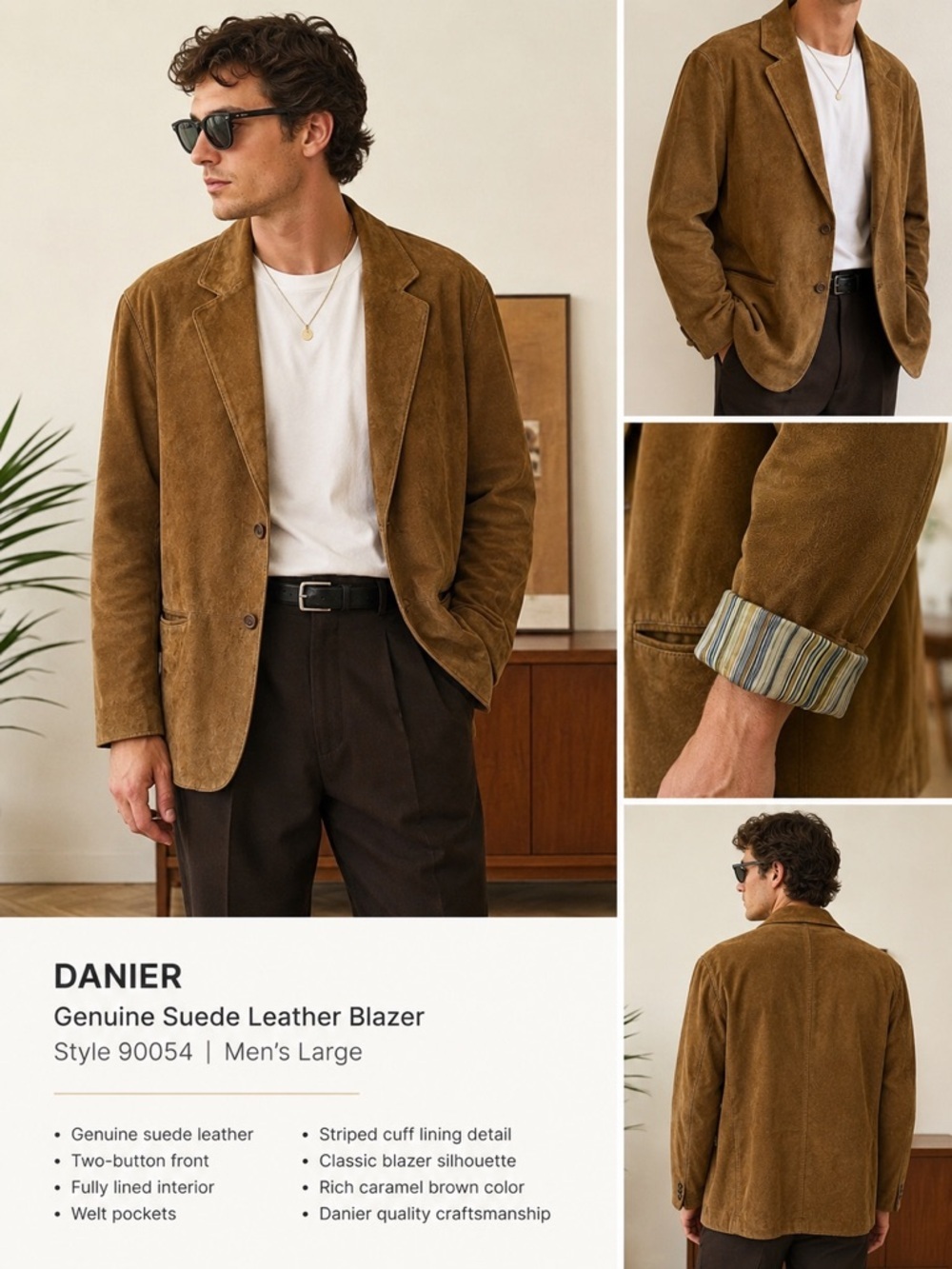 Danier Genuine Suede Leather Blazer Jacket Style 90054 Men's Large Caramel Brown